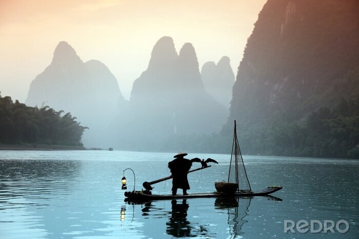 Canvas Chinese man vissen met aalscholvers vogels