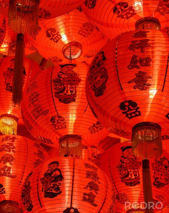 Canvas Chinese rode lantaarn 's avonds verlicht