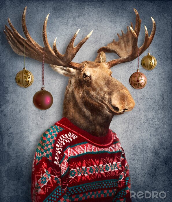 Canvas Christmas  moose. Animals in clothes. People with heads of animals .  Concept graphic, photo manipulation for cover, advertising, prints on clothing and other.