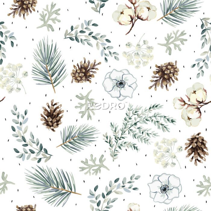 Canvas Christmas seamless pattern, cones, flowers, green pine twigs, white background. Vector illustration. Nature design. Season greeting. Winter Xmas holidays
