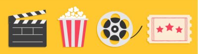 Canvas Cinema icon set line. Popcorn box package Big movie reel. Open clapper board. Ticket Admit one. Three star. Flat design style. Yellow background. Isolated.