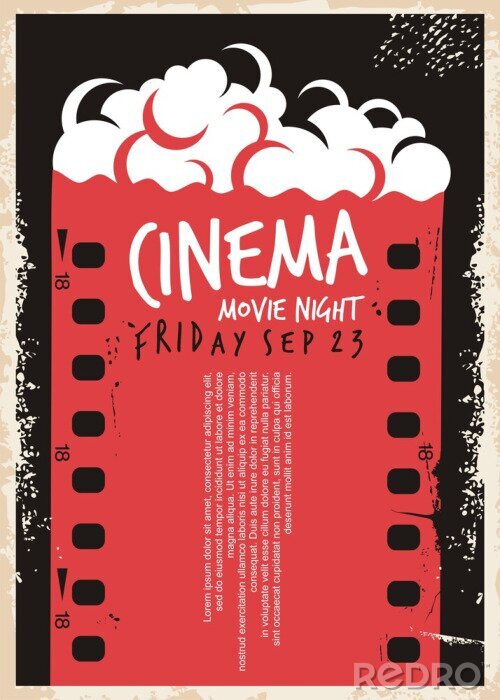 Canvas Cinema movie poster with film strip and pop corn. Movie night flyer template. Retro ad cinema concept on old paper textured background. Vintage vector illustration.