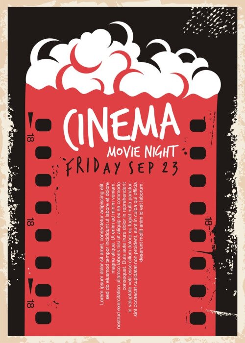 Canvas Cinema movie poster with film strip and pop corn. Movie night flyer template. Retro ad cinema concept on old paper textured background. Vintage vector illustration.