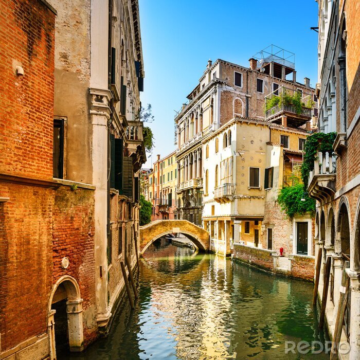 Canvas Cityscape van Venetië, gebouwen, water kanaal en brug. Italië