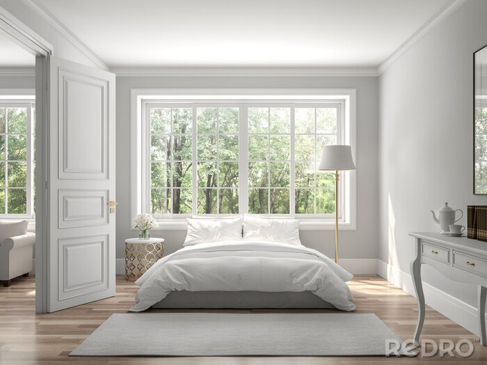 Canvas Classical bedroom and living room 3d render,The rooms have wooden floors and gray walls ,decorate with white and gold furniture,There are large window looking out to the nature view.