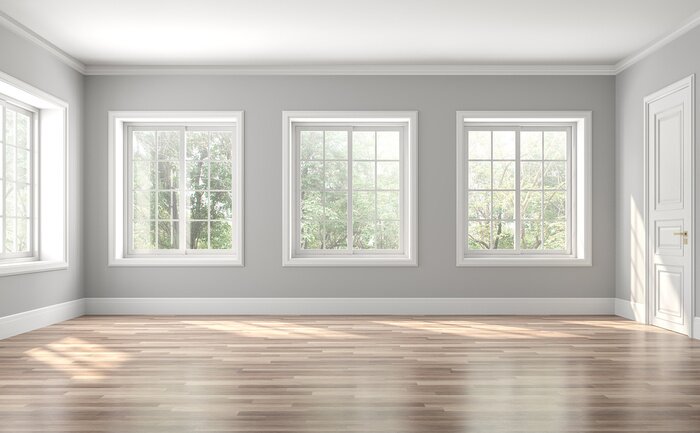 Canvas Classical empty room interior 3d render,The rooms have wooden floors and gray walls ,decorate with white moulding,there are white window looking out to the nature view.