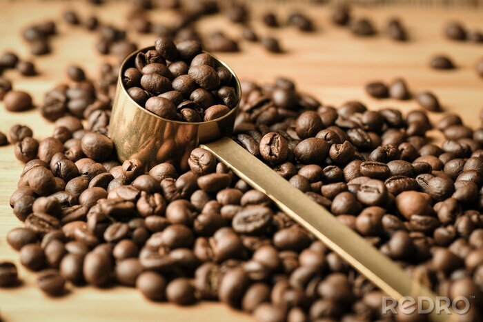 Canvas Coffee beans are poured on a wooden surface and in the middle is a coffee spoon full of beans