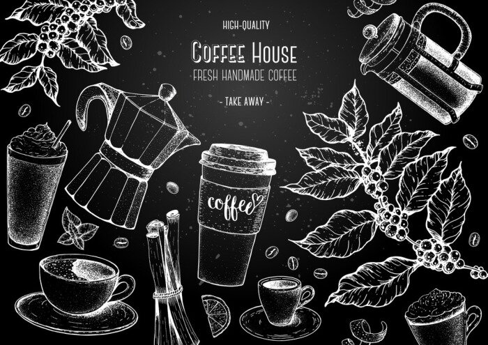 Canvas Coffee cups, beans and coffee tree illustration. Vintage design for coffee shop. Engraved vector illustration.