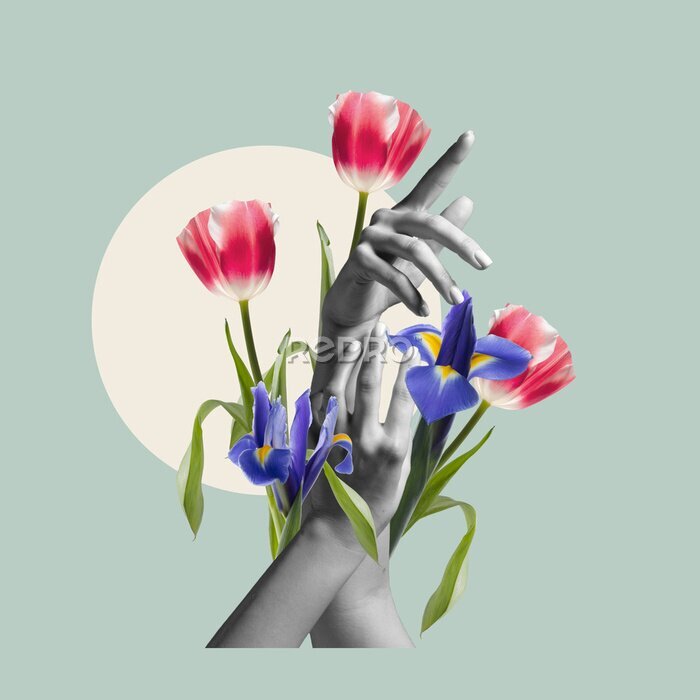 Canvas Collage van handen en bloemen