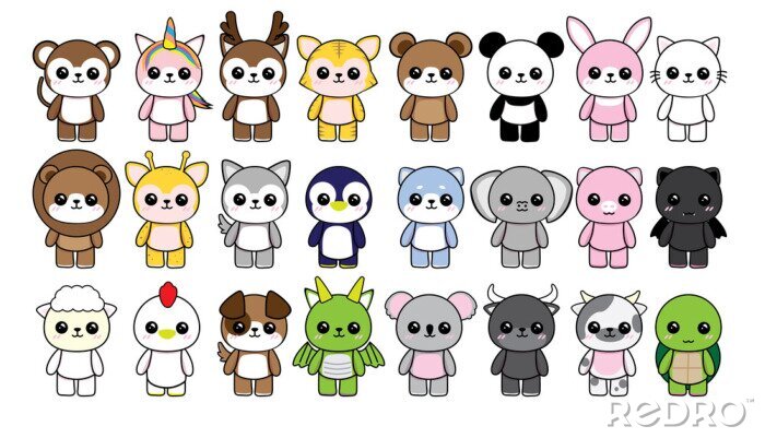 Canvas collection character animals cute kawaii on white background