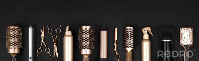 Canvas Collection of professional hair dresser tools arranged on dark background