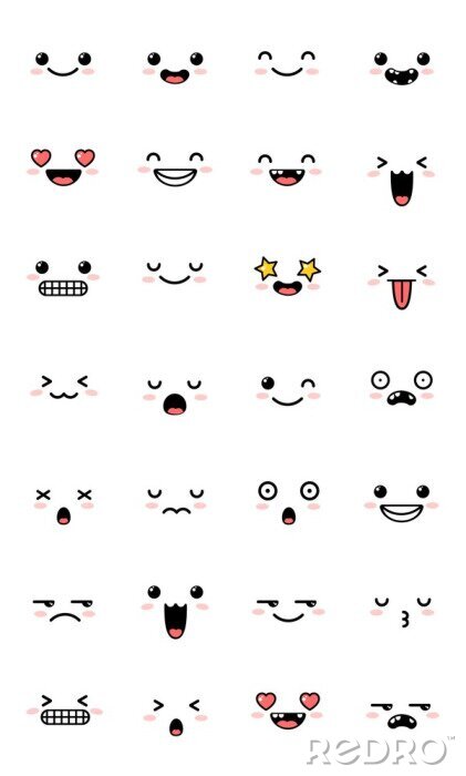 Canvas Collection of sweet kawaii emoticon emoji. Set of cute cartoon manga emotions