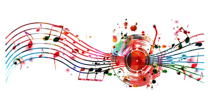 Canvas Colorful music background with music notes and vinyl record disc isolated vector illustration design. Artistic music festival poster, events, party flyer, music notes signs and symbols