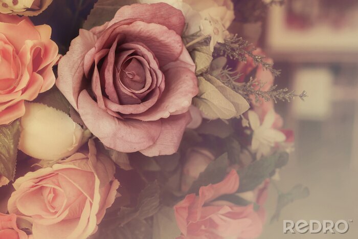 Canvas Colorful pink roses in soft color and blur style for background, beautiful artificial flowers