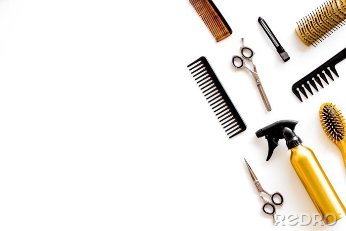 Canvas Combs, spray and hairdresser tools in beauty salon work desk on white background top view mockup