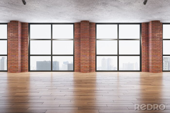 Canvas Contemporary red brick room with panoramic city view.