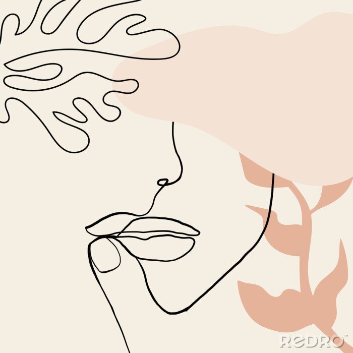 Canvas Continuous line, drawing of woman face, fashion concept, woman beauty minimalist with geometric doodle Abstract floral elements pastel colors. One line continuous drawing. vector illustration