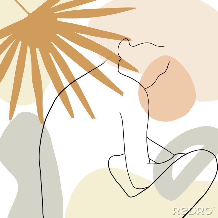 Canvas Continuous line, drawing of woman face, fashion concept, woman beauty minimalist with geometric doodle Abstract floral elements pastel colors. One line continuous drawing. vector illustration