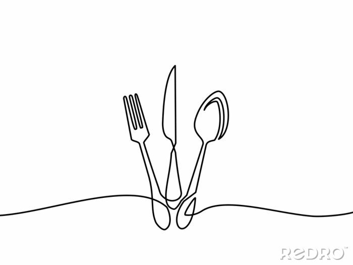 Canvas Continuous one line drawing.Forks, spoons, knife plates and all eating and cooking utensils, can be used for restaurant logos, cakes, business cards, banners and others. Black and white vector illustr