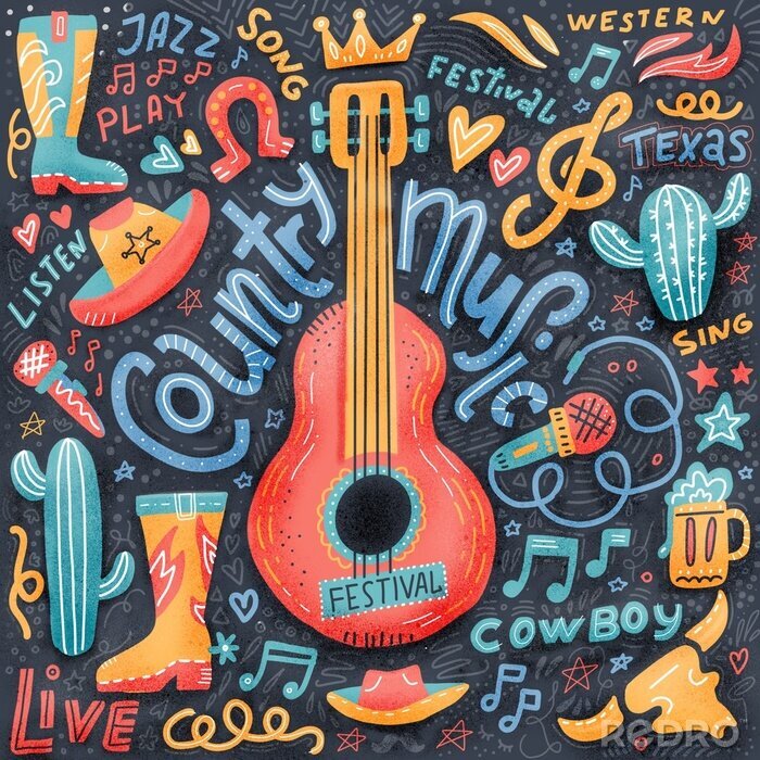 Canvas Country music print concept for postcards or festival banners. hand drawn illustration in textured flat doodle style. Guitar with written lettering.