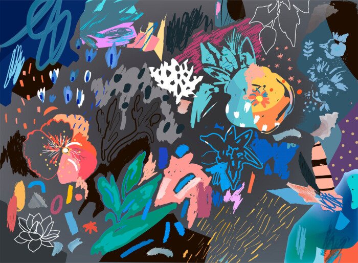 Canvas Creatieve universele bloemenkopbal in tropische stijl. Modern grafisch ontwerp. Handgetekende texturen. Ideaal voor web, kaart, poster, dekking, uitnodiging, brochure. Vector