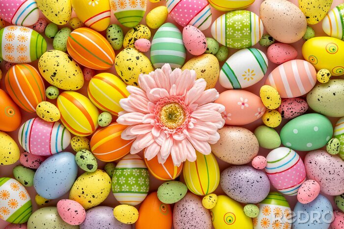 Canvas Creative layout with colorful Easter eggs and daisy flower. Minimal Easter background. Spring holidays concept.