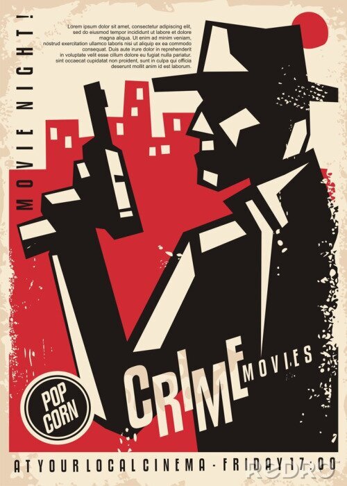 Canvas Crime and noir films vintage cinema poster design with gangster graphic and city skyline. Retro secret agents movies flyer template. Vector graphic.
