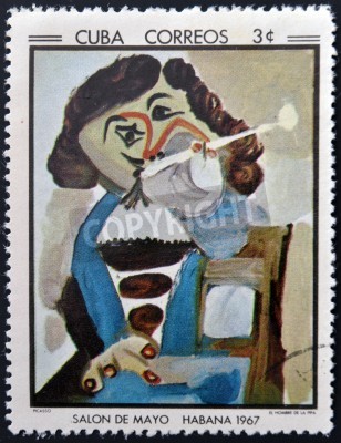 Canvas CUBA - CIRCA 1968: stempel gedrukt in Cuba herdenkingsmunt tot mei Salon 1967, toont de man met de pijp van Pablo Picasso, circa 1968