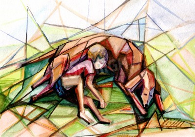 Canvas Cubism. Boy and dog tiered and are sleeping