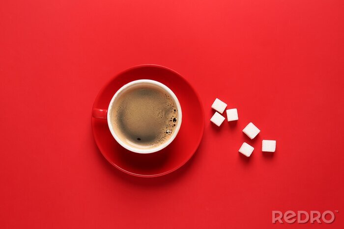 Canvas Cup of hot coffee and sugar on color background