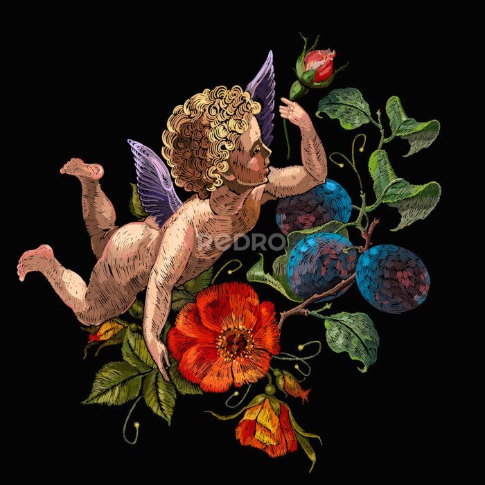 Canvas Cupido tussen bloemen op een zwarte achtergrond