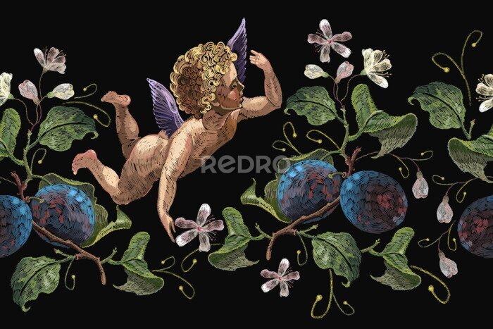 Canvas Cupido zwevend tussen planten