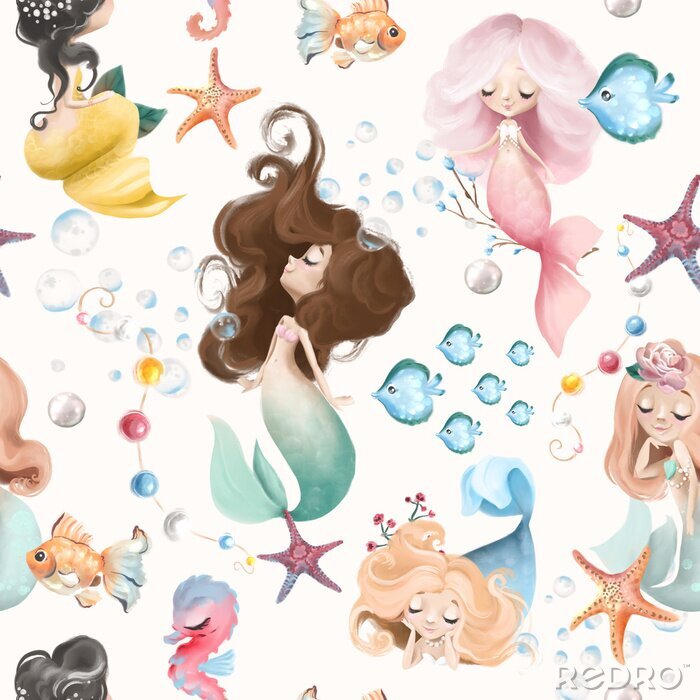 Canvas Cute and beautiful seamless pattern - little mermaids, fishes and flowers watercolor illustration