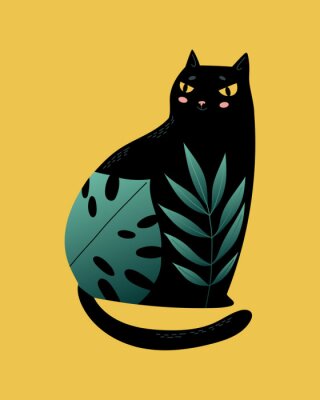 Canvas Cute cartoon black cat with flower and plants. Modern abstract poster, card