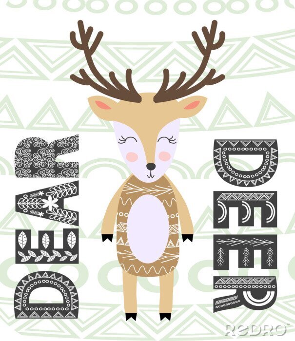 Canvas Cute cartoon deer. Composition with folk art animals and floral decor elements. Scandinavian style