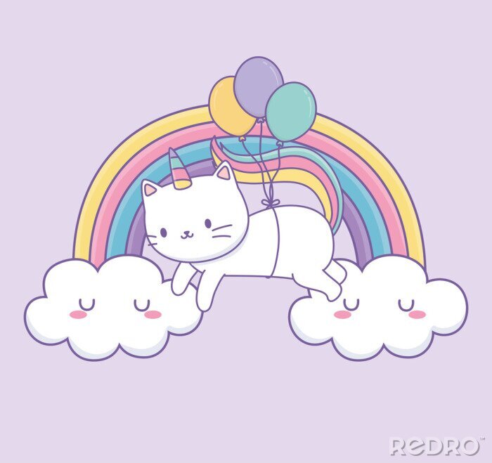 Canvas cute cat with rainbow tail and balloons helium kawaii character