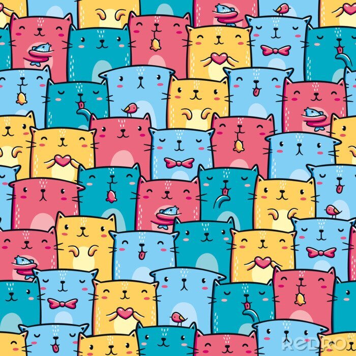 Canvas Cute colorful cats seamless pattern. Kawaii characters, hand drawn style. Design for print (apparel, wrapping paper, background, poster)