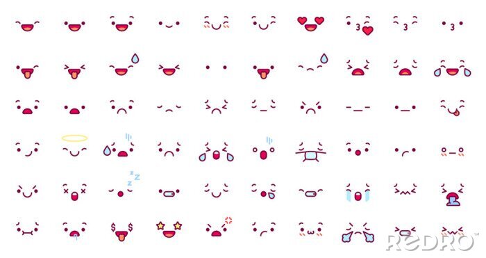 Canvas Cute emoticon emoji faces. Cartoon kawaii face expression in japanese anime character. Manga emotion kiss, cry and angry vector icons set. Happy and sad emotions, sleeping, ill, stressed
