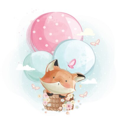 Sticker Cute Fox Flying with Balloons