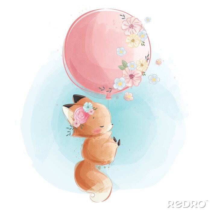 Canvas Cute Fox Flying with Flowery Balloon