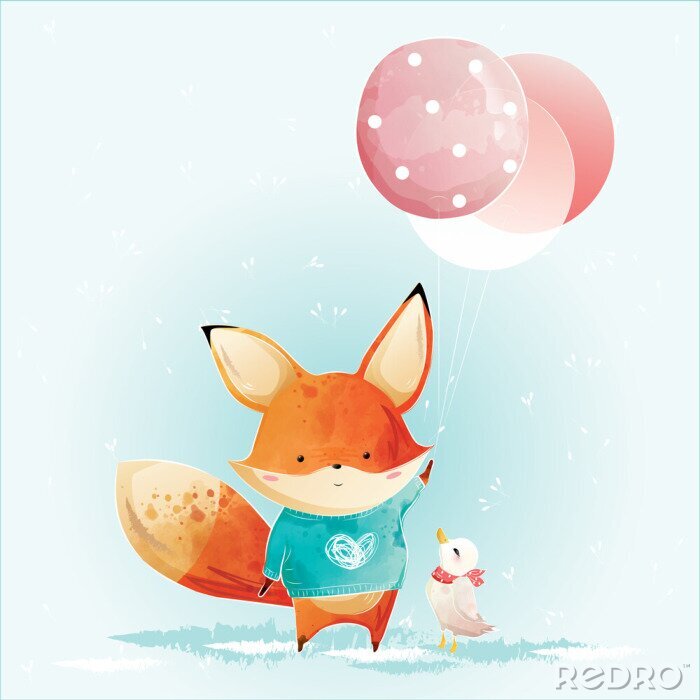 Canvas Cute Fox Holding Christmas Balloons