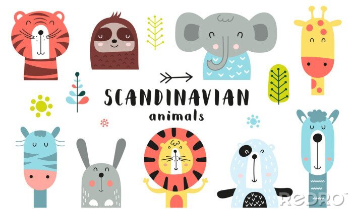 Canvas Cute scandinavian animals set. Hand drawn. Doodle cartoon animals for nursery posters, cards, kids t-shirts. Vector illustration. Tiger, lazy sloth, elephant, giraffe, zebra, hare, lion, bear, llama.