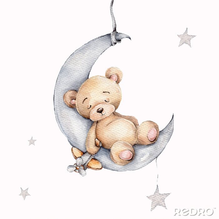 Canvas Cute sleeping teddy bear on the silver moon; watercolor hand draw illustration; with white isolated background