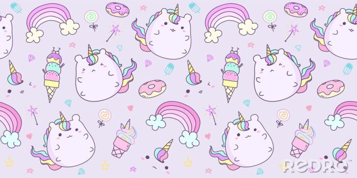 Canvas Cute unicorn pattern seamless horizontal in pastel color. Kawaii unicorn background for kid