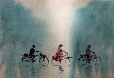 Canvas cyclist riding bicycle crossing woods watercolor abstract painting