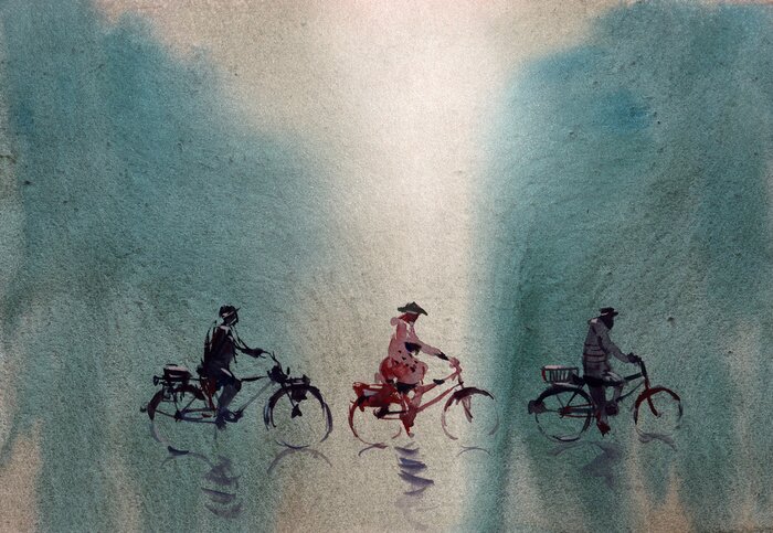 Canvas Cyclist riding bicycle crossing woods watercolor abstract painting