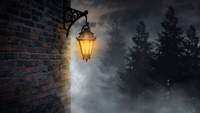 Canvas Dark street, a lantern on an old brick wall, a large moon, smoke, smog. Night scene of the old city, dark forest.