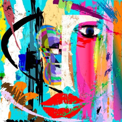 Canvas De abstracte vrouw gezicht, met penseelstreken en spatten