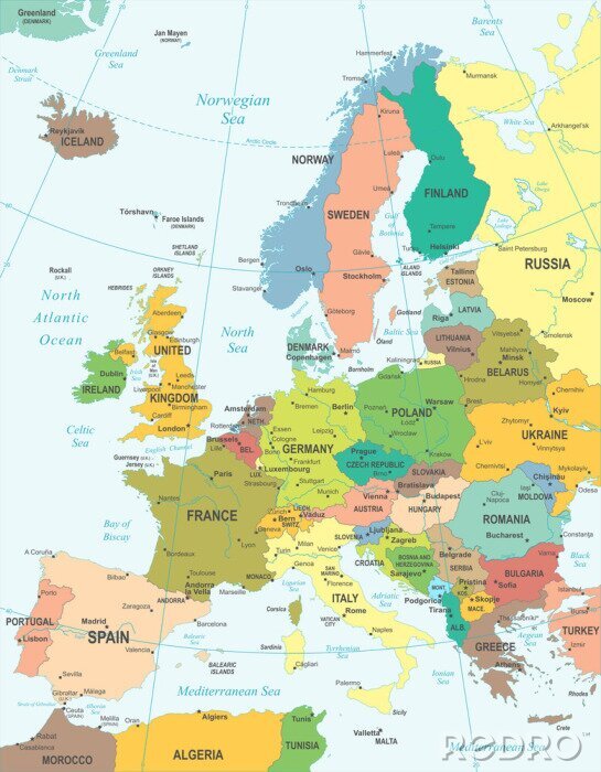 Canvas De kaart van Europa - zeer gedetailleerde vector illustratie.