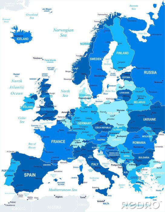 Canvas De kaart van Europa - zeer gedetailleerde vector illustration.Image bevat volgende lagen: land contouren, land en land namen, stad, namen water object.